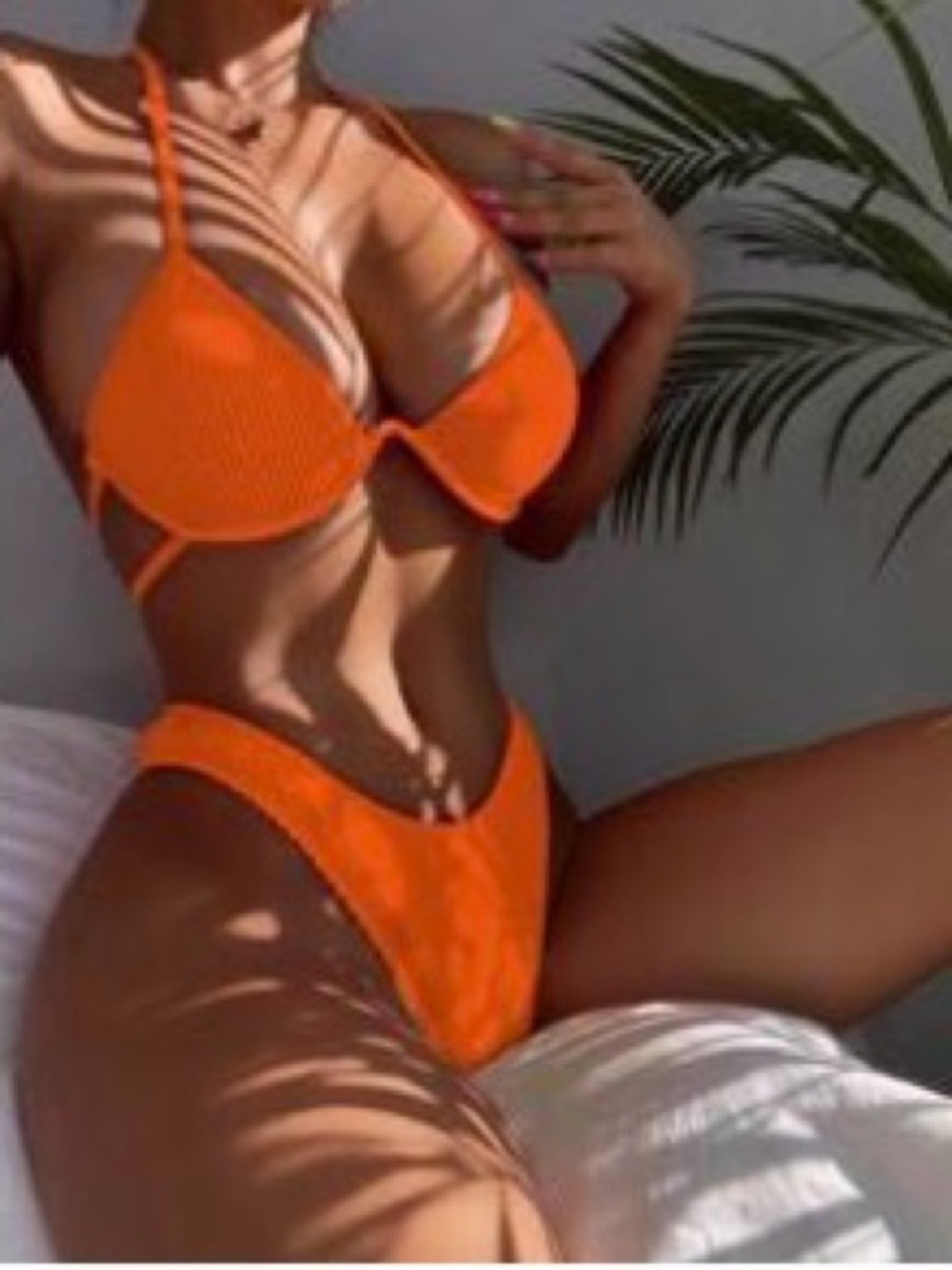 SHEIN Neon Orange Textured Lace-Up Bikini Set